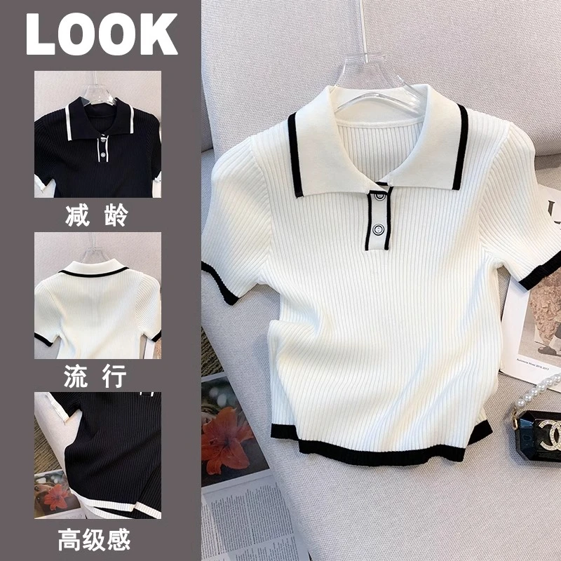 小香风Polo领冰丝针织短袖正肩t恤女夏季设计感小众高腰短款上衣