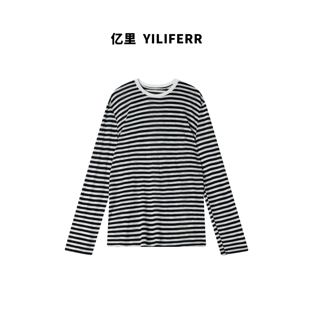【YILI显瘦女装】休闲百搭松弛感黑白条纹长袖t Y0731
