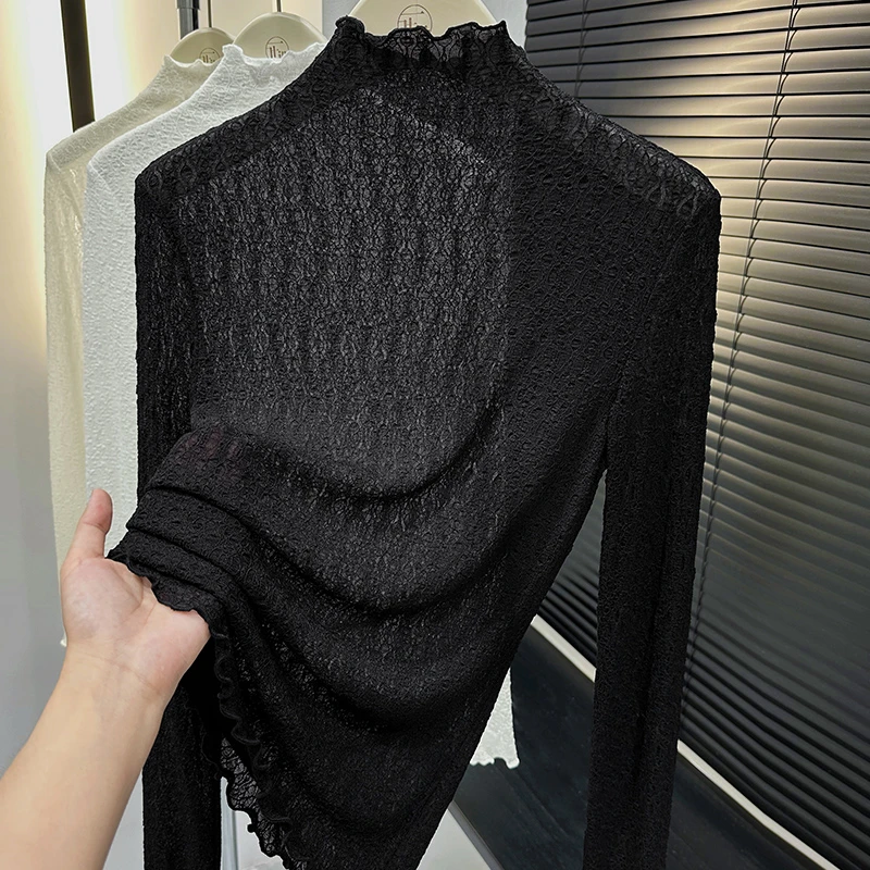 黑色气质半高领修身打底衫秋季新款设计感花纹蕾丝长袖上衣t恤女