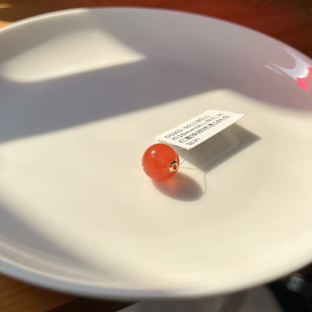 【郭老师】约10mm保山南红冰红圆珠路路通18K金贴片