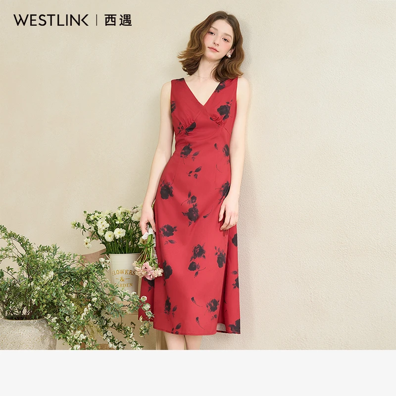 【娇艳玫瑰】复古优雅V领无袖连衣裙女2025夏季收腰伞摆长裙