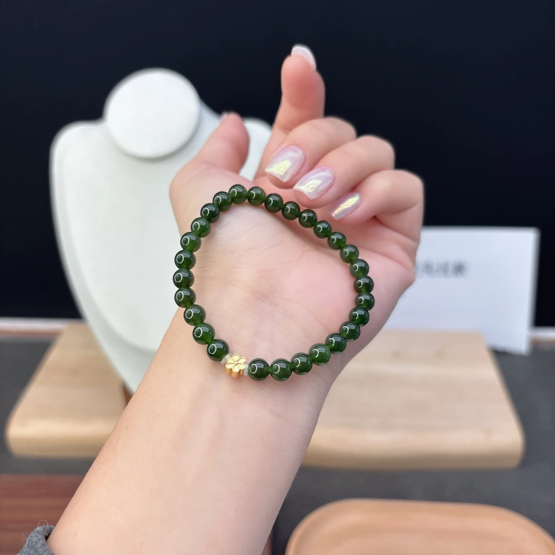 单圈和田玉碧玉卡6MM搭配小花配饰手串简约时尚手串和田玉Y129089