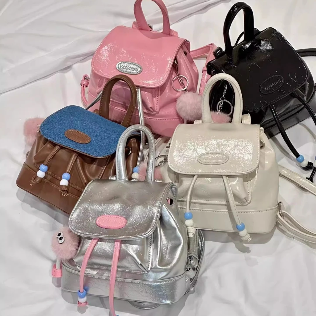 复古百搭牛仔拼接双肩包2025夏季新款学生可爱毛绒小熊背包挂饰潮