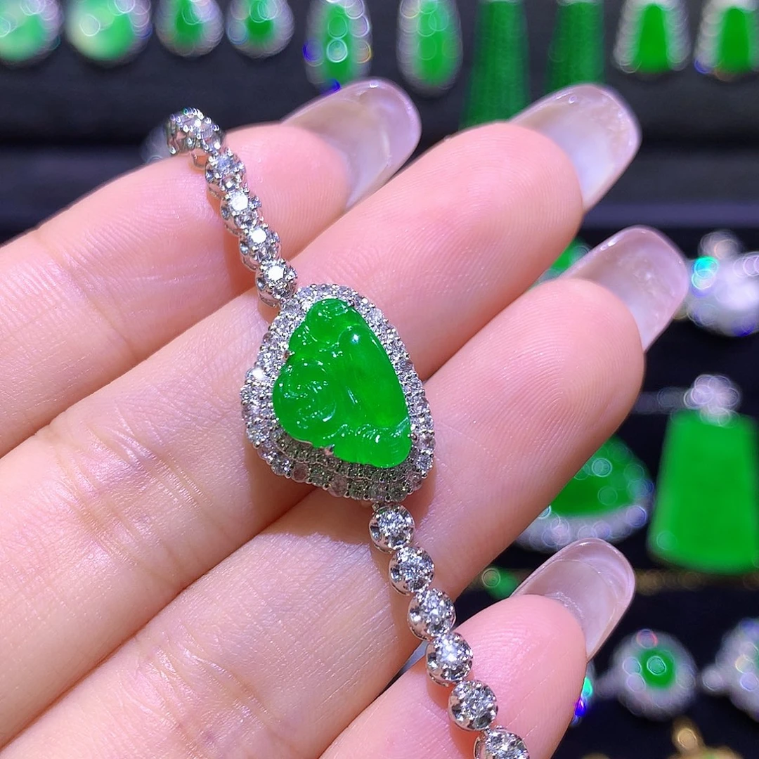 翡翠18K金镶嵌手链高冰满绿