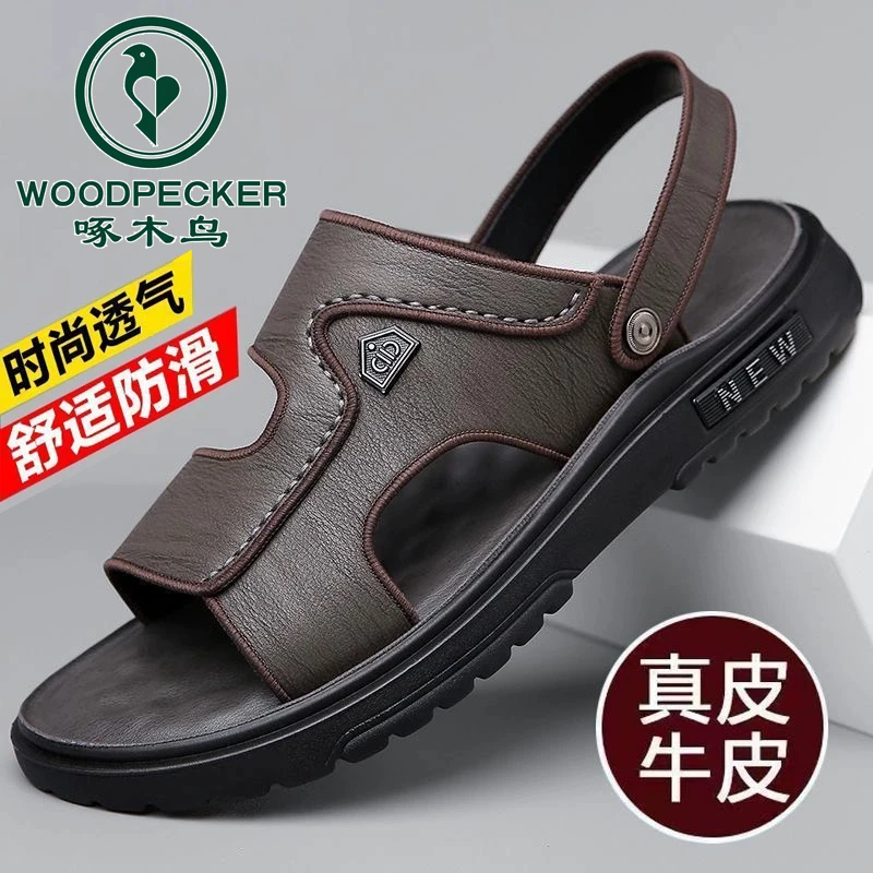 啄木鸟凉鞋男2025夏季新款真皮休闲沙滩鞋舒适软底外穿两用凉拖鞋