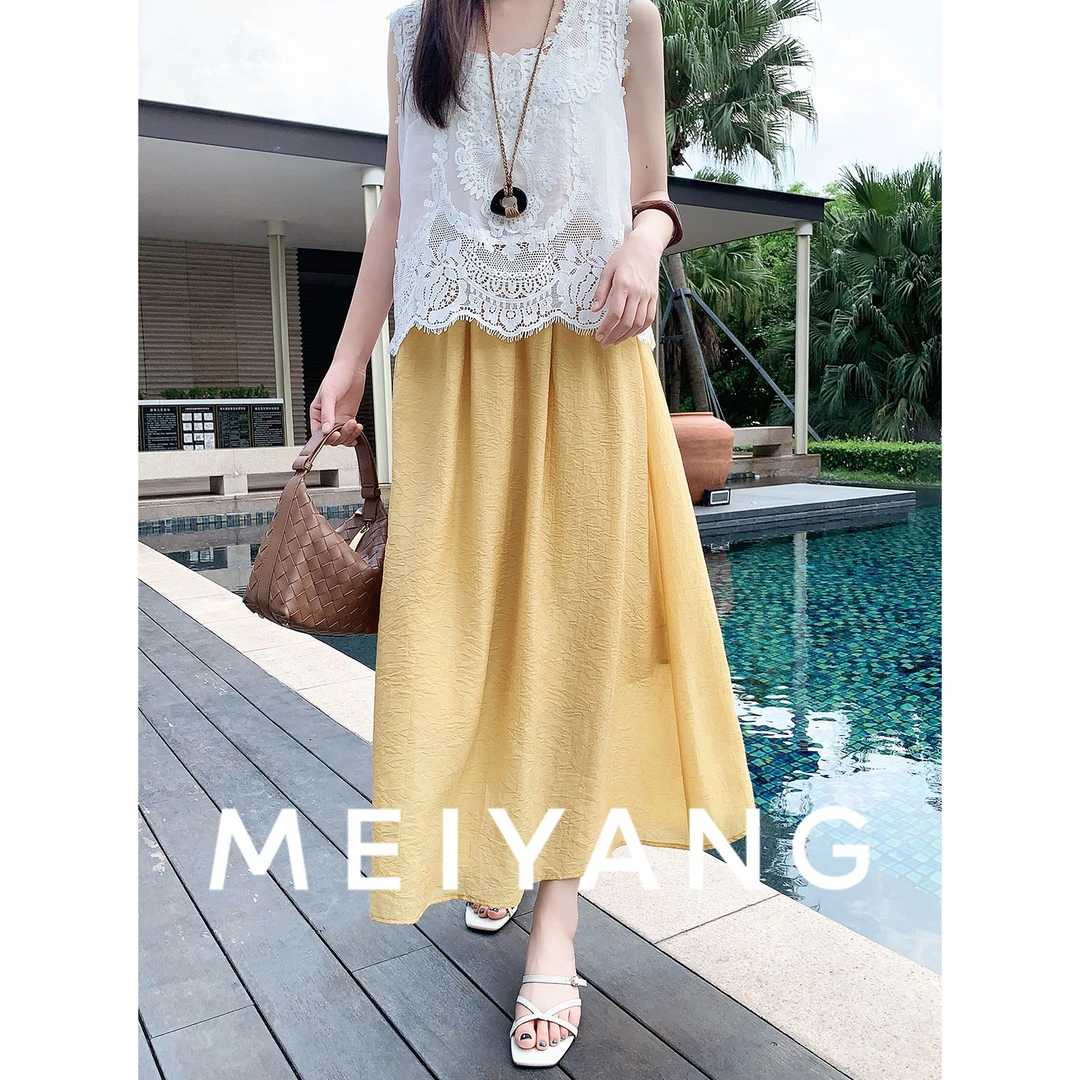 美洋MEIYANG 蓝水湾三号半裙 波涛皱天丝麻_松紧腰A字伞裙