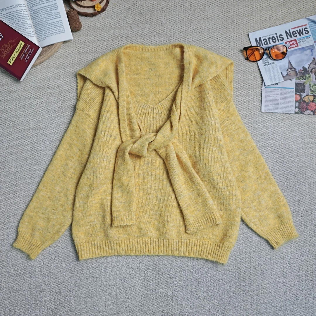 2025早春新款时尚休闲宽松带披肩两件套毛衣针织长袖9121