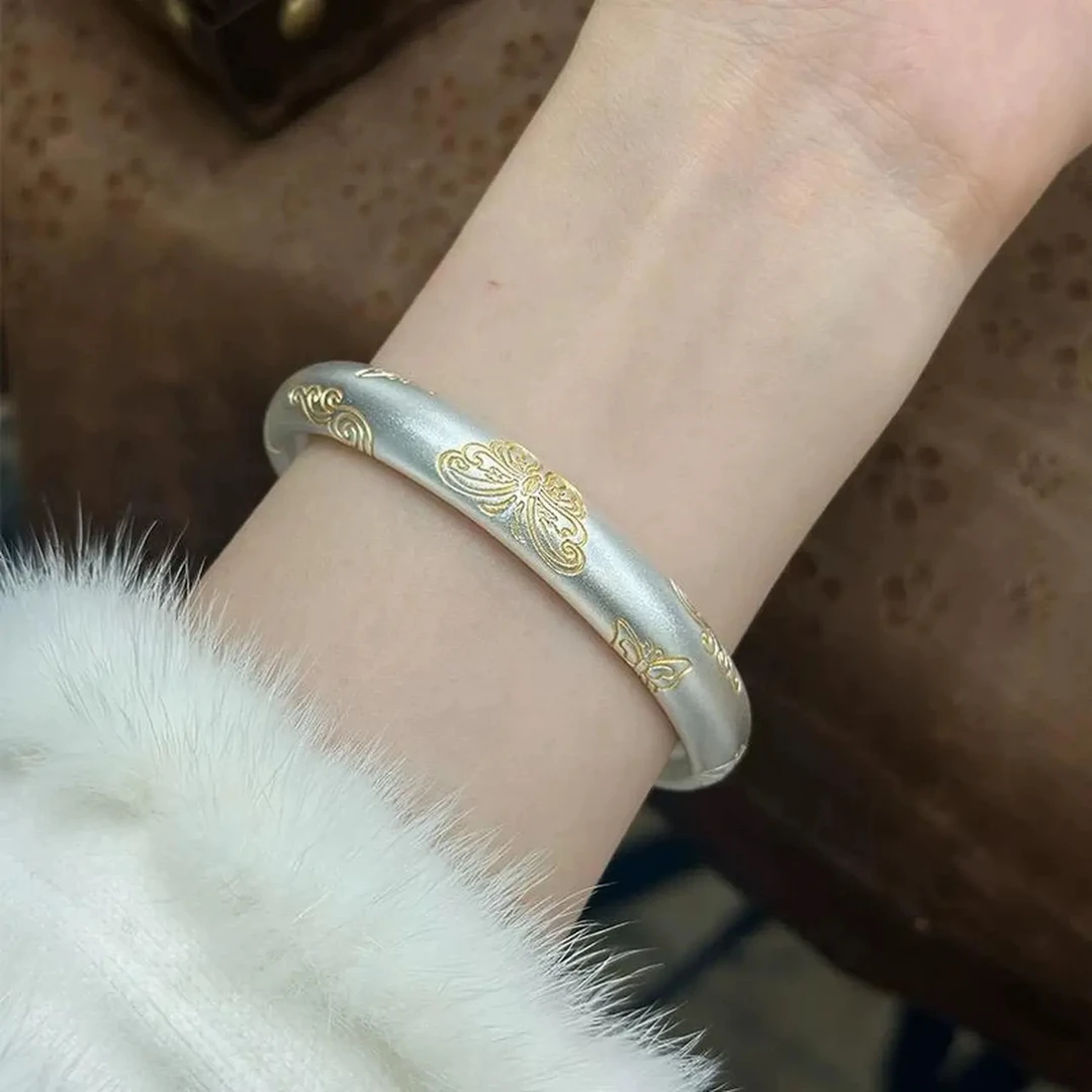 足银手镯 古法中式银手镯999.9纯银描金祥云蝴蝶银镯子女国潮闭口