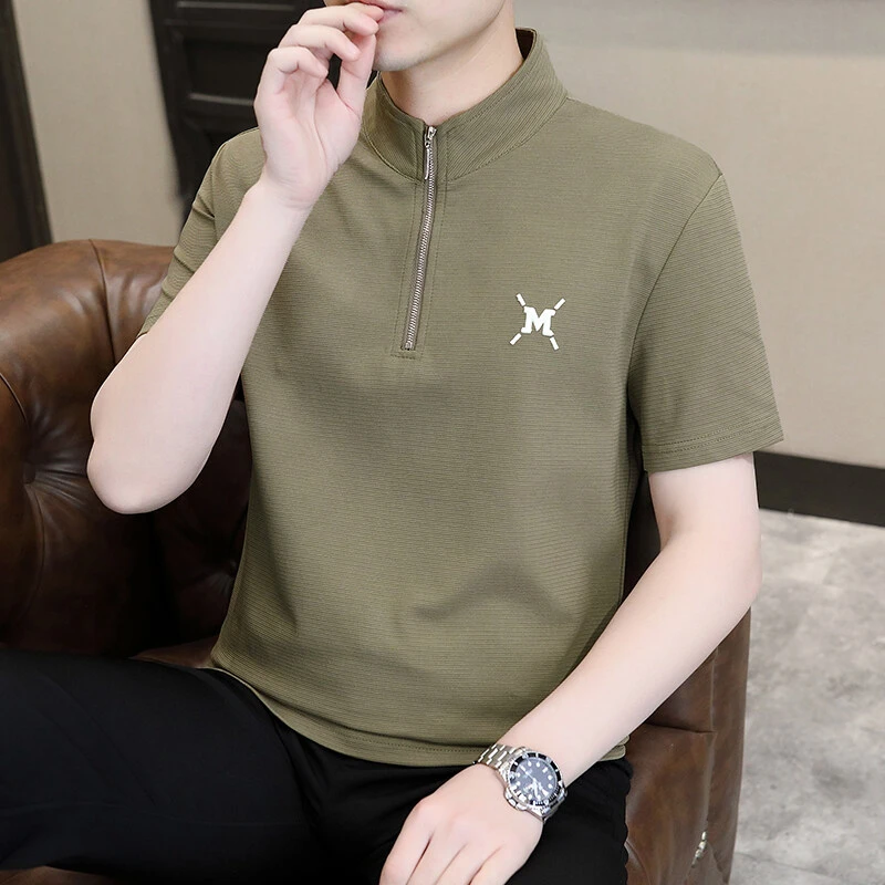 短袖t恤男士夏季新款半拉链立领修身上衣服polo衫男装高端休闲潮