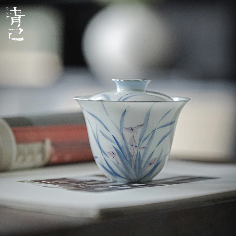 青己釉下彩落神香妃青花手绘盖碗功夫茶具仿古文人器陶瓷泡茶盖碗