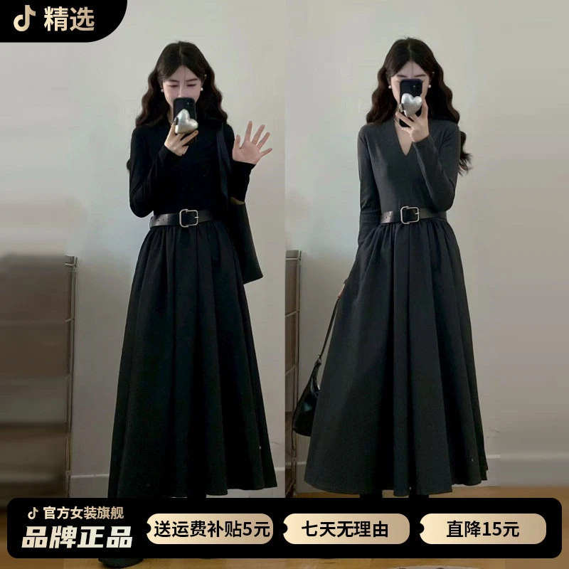 赫本风法式气质黑色长袖连衣裙子女装2026新款早秋季穿搭v领长裙