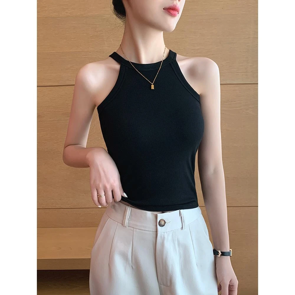 【格蓝度官方旗舰店】黑色挂脖吊带背心带胸垫一体式美背打底上衣夏