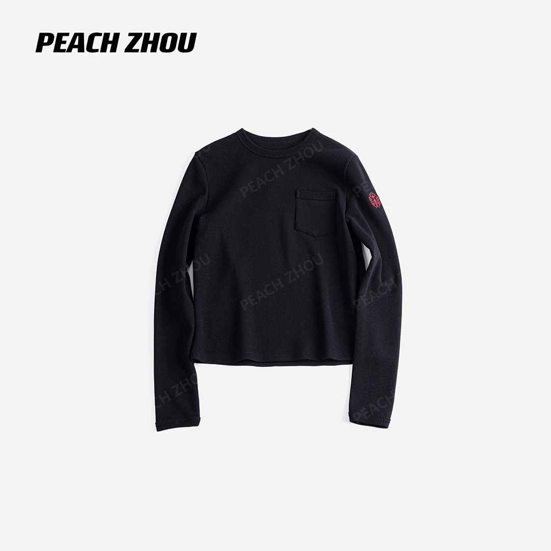 PEACHZHOU 华夫格梵文刺绣贴袋弹力宽松圆领长袖美式休闲高街T恤