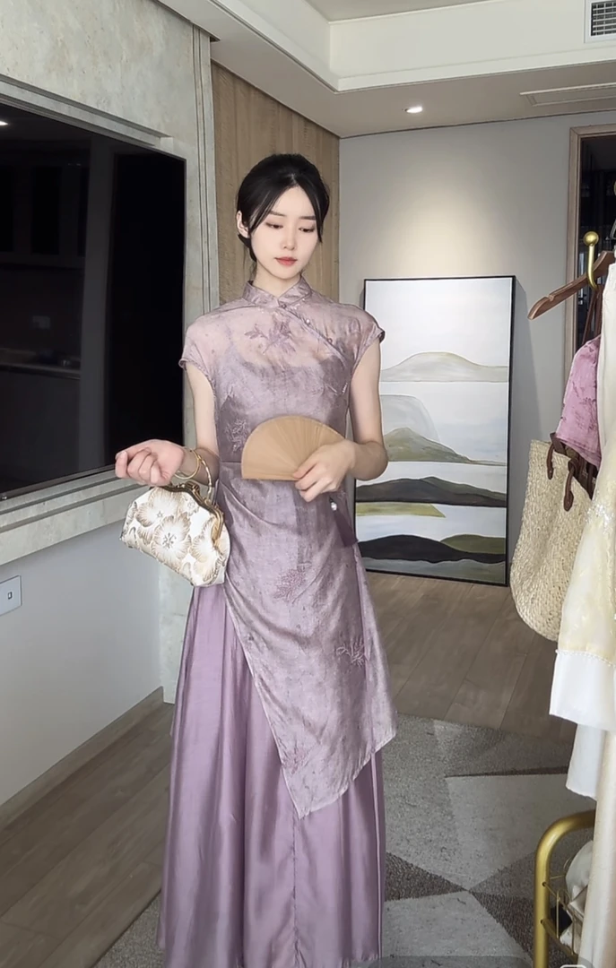 国风新中式女装旗袍连衣裙夏季改良版薄纱罩衫+吊带裙子两件套装