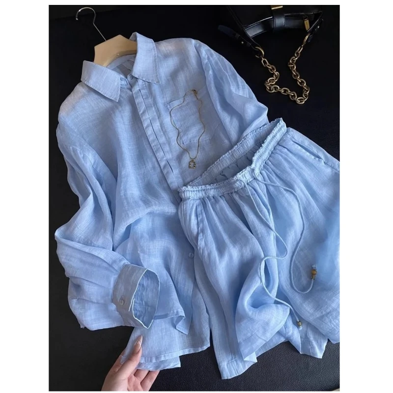 初秋300斤超大码老钱风两件套男女款长袖翻领衬衫松紧腰直筒短裤2