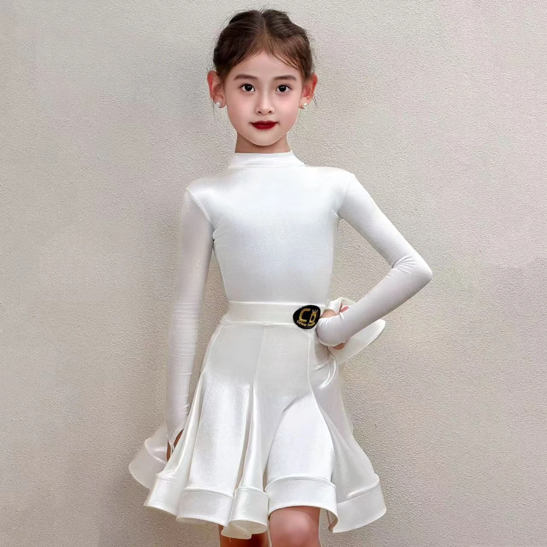 CD卡门超亮丝绒白色长袖勾手拉丁舞比赛专业规定服修身气质四季款