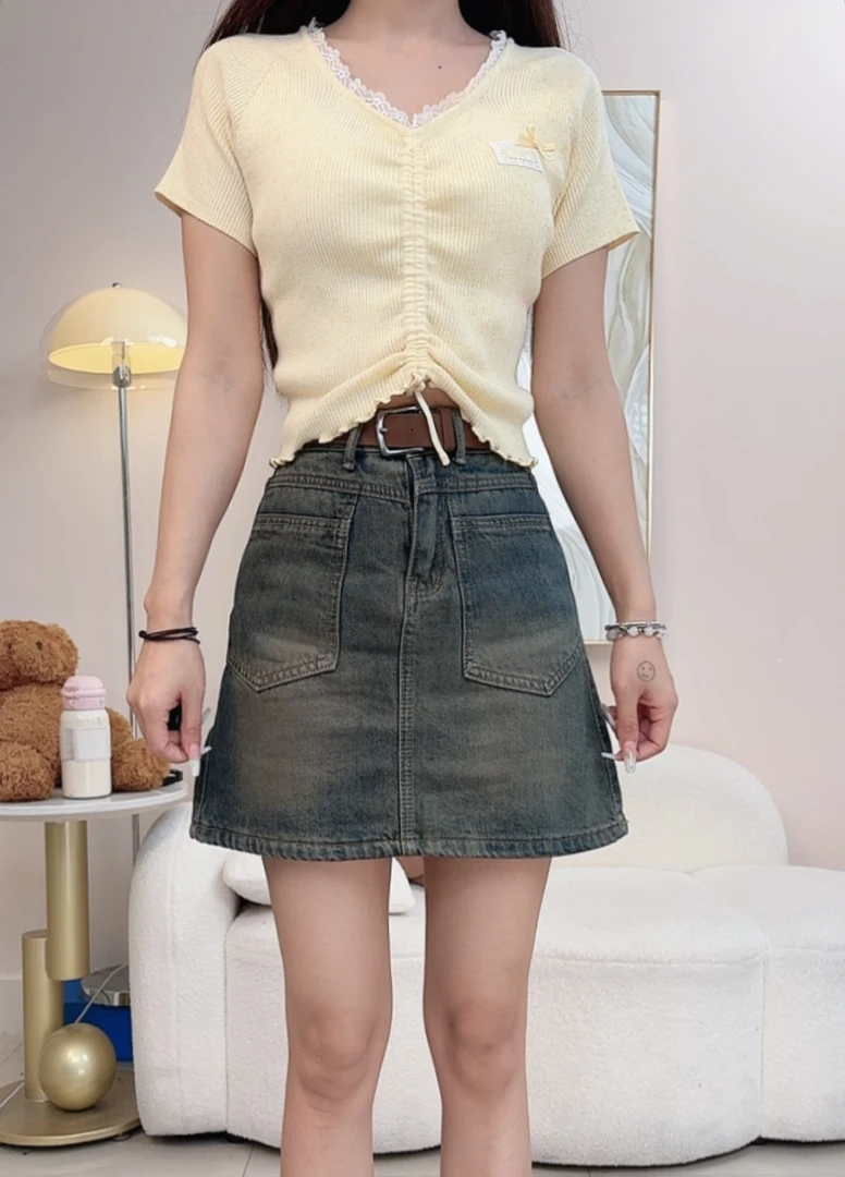 显瘦小众夏季浅色A字裙防走光短裙牛仔常规款半身裙牛仔短裙高腰