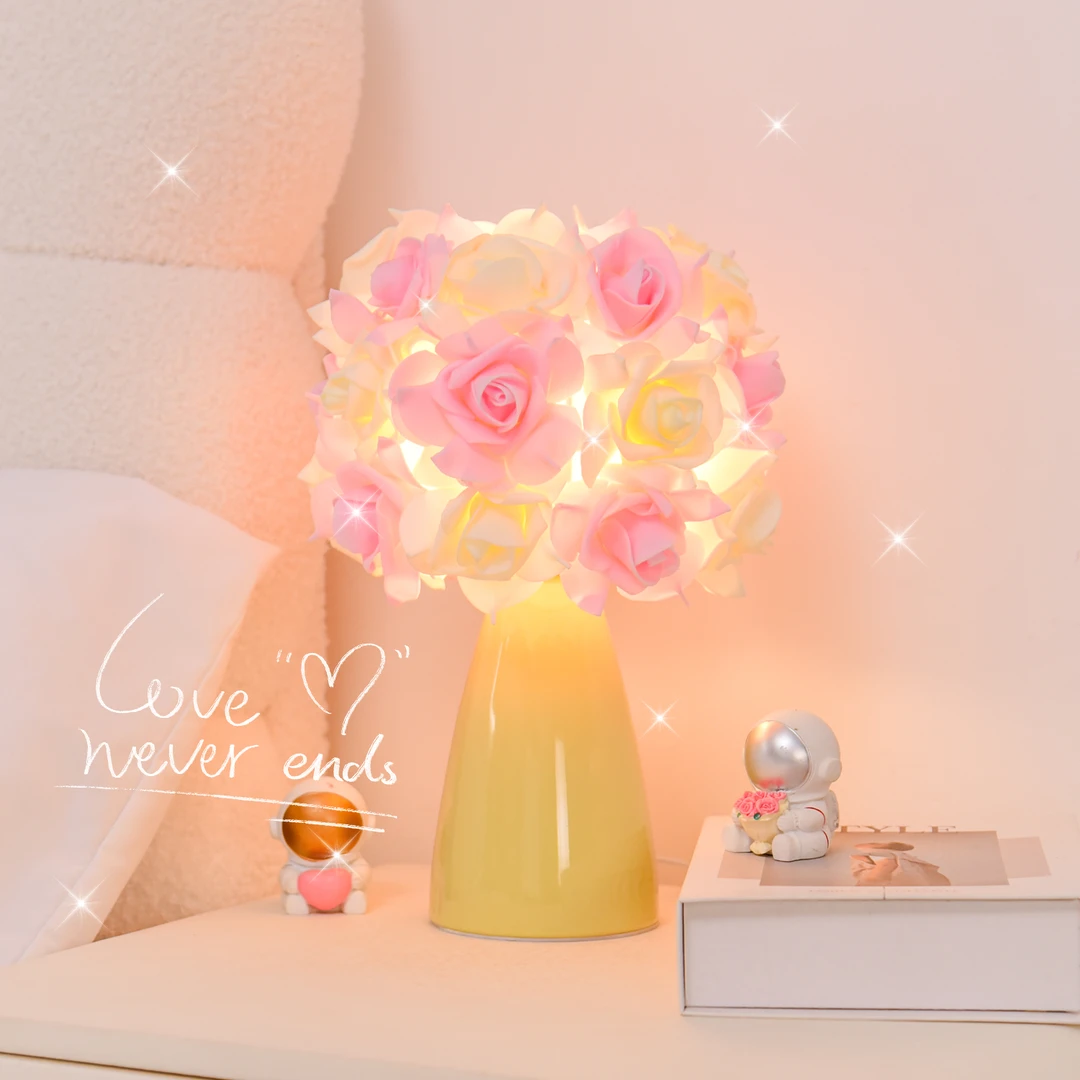 奶油台灯永生花玫瑰灯法式客厅卧室氛围灯创意女孩床头灯小夜灯