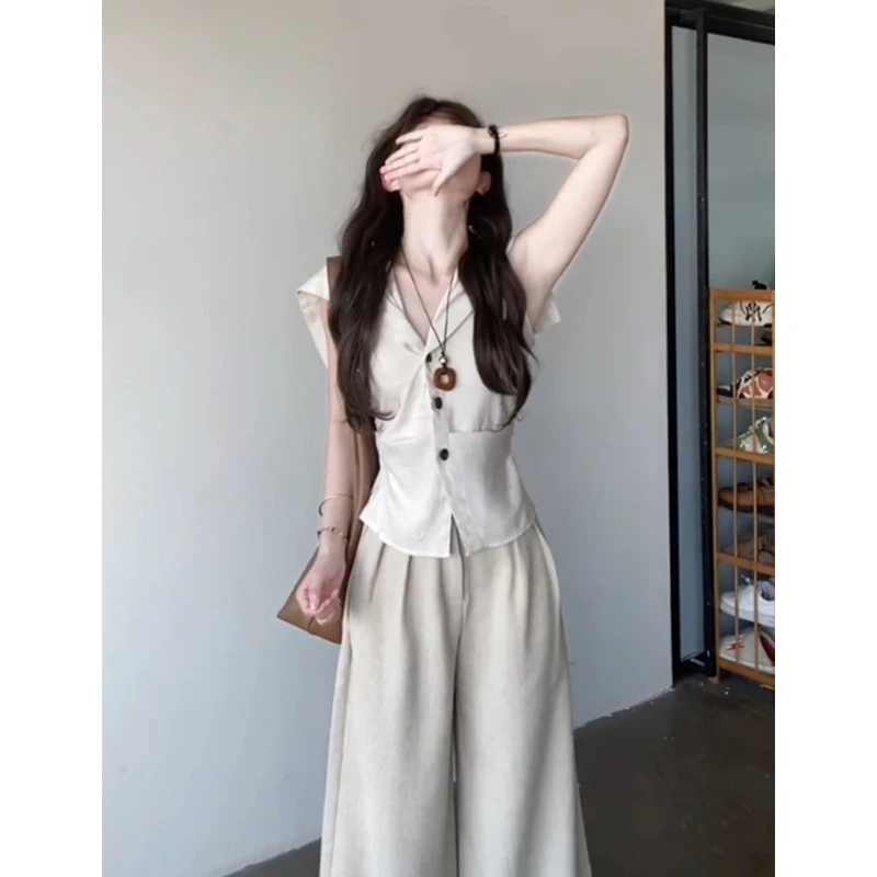 老钱风时尚套装女2025夏季海军领马甲高腰阔腿休闲裤高级感两件套