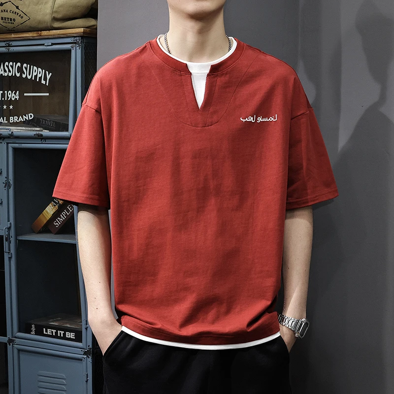 殿若夏季新款红色高级感短袖t恤男假两件半袖V领体恤宽松纯棉上衣