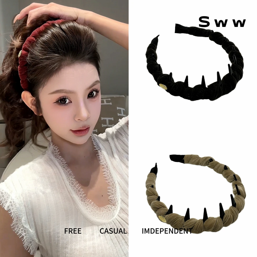 SWW手工编织加厚丝绒正反两戴增高颅顶带齿发箍外出简约头饰发饰