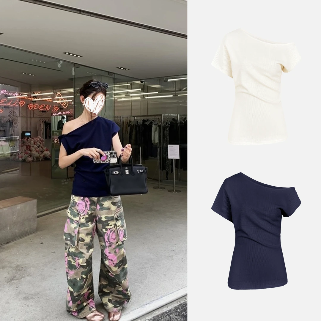 舒适街区 斜肩设计款复古扭结宽松T恤上衣C 8575#