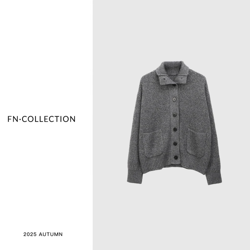 [FN] 重磅花纱100%羊毛排扣立领款开衫毛衣