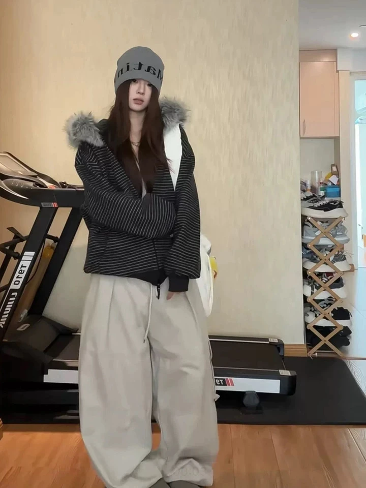 希妮丝 美式复古大毛领条纹加绒卫衣韩系慵懒风气质高级感外套女