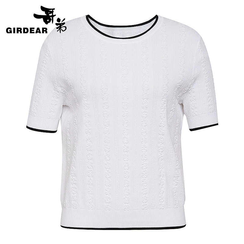 GIRDEAR/哥弟新款夏季百搭时尚圆领撞色白色针织短袖T恤女-138048