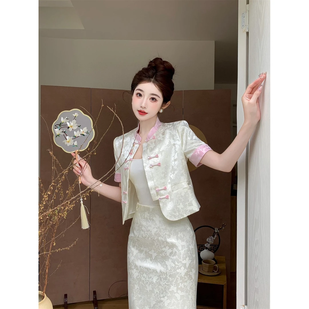 新中式中国风气质提花短袖盘扣上衣夏季遮肚子半身裙名媛爆款套装