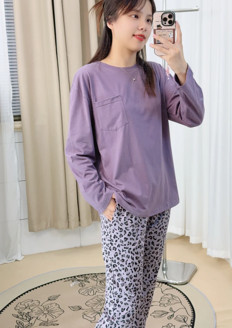 【豹富紫】家迎睡衣秋冬双面纯棉套头新款睡衣家居服长裤女士春秋