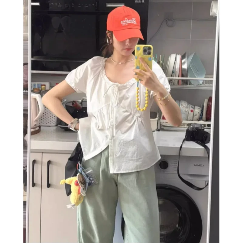 大码胖mm木耳边系带U领泡泡袖衬衫女夏宽松衬衣小个子娃娃衫上衣