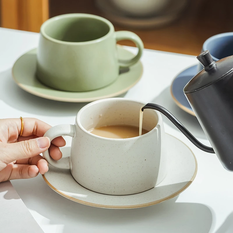 ins简约陶瓷拉花杯创意套装马克杯 办公室下午茶粗陶咖啡杯碟子