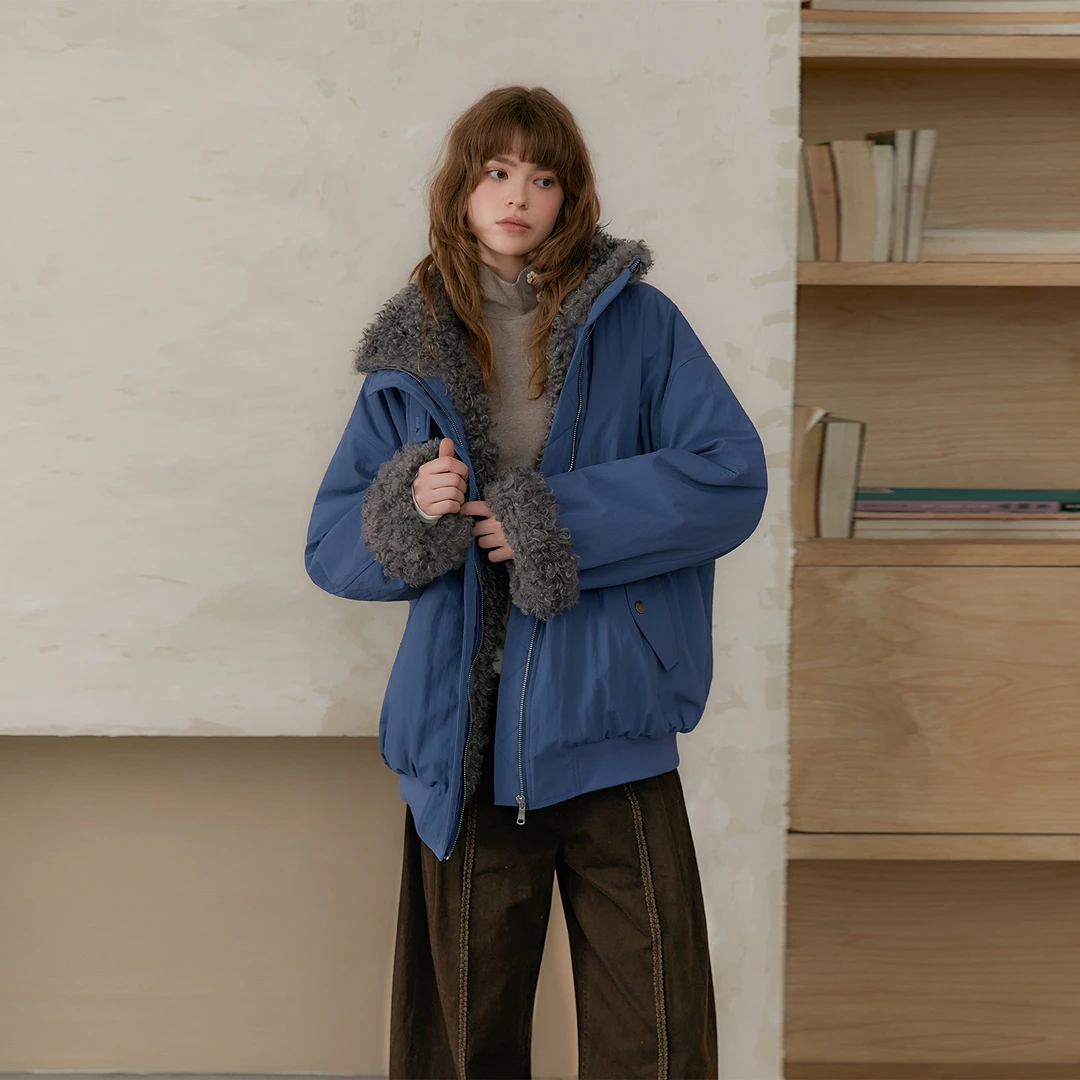 Amweird 25aw“深邃的海”蓝色拼接毛绒内胆皮草毛领夹克棉服外套