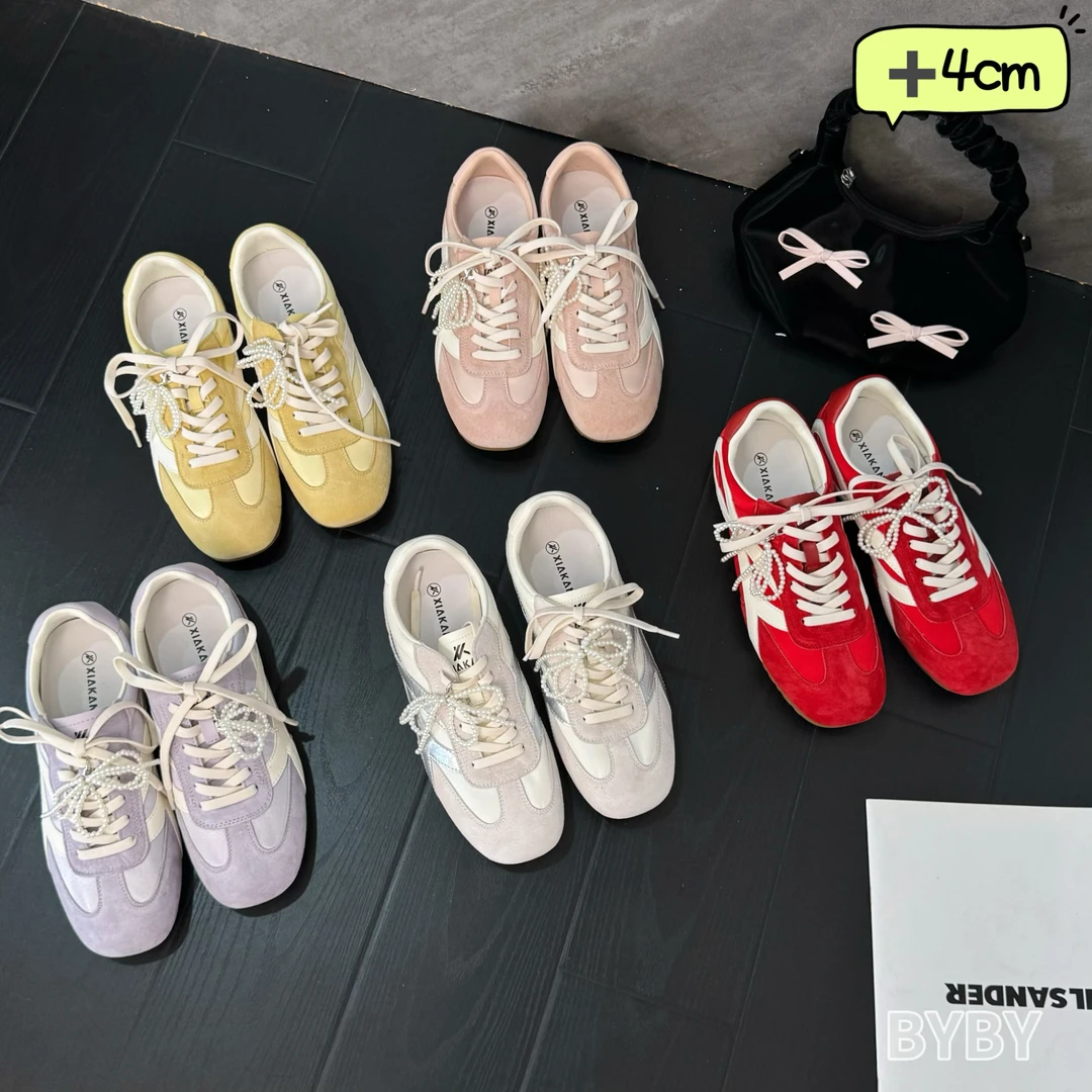 「阿贝贝」增高4cm真皮透气多巴胺时尚德训鞋女夏百搭软底运动女鞋