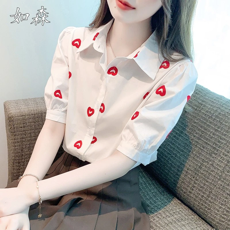 爱心刺绣白衬衫女夏季新款小清新宽松上衣洋气别致小衫泡泡袖衬衣