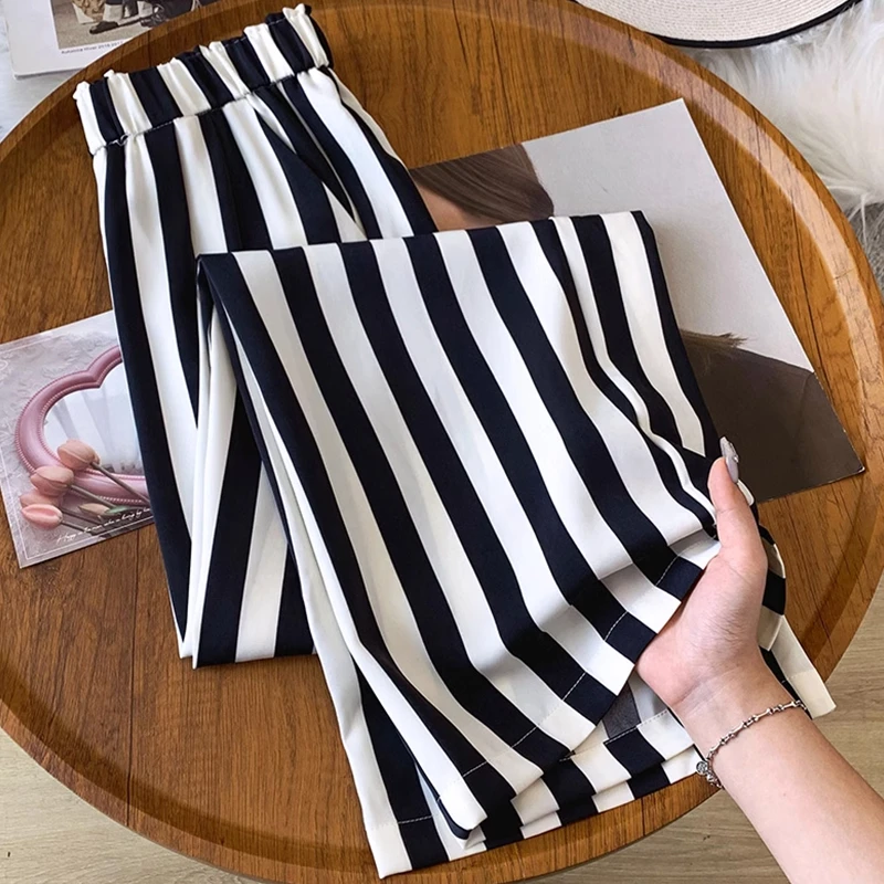 拉夏贝尔条纹阔腿裤女小个子夏季2025新款显瘦垂感休闲冰丝直筒裤