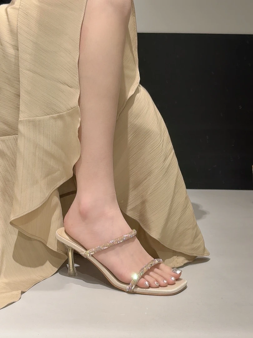 紫霞仙子~新款夏季水钻一字带凉拖鞋气质性感细跟仙女风高跟凉鞋