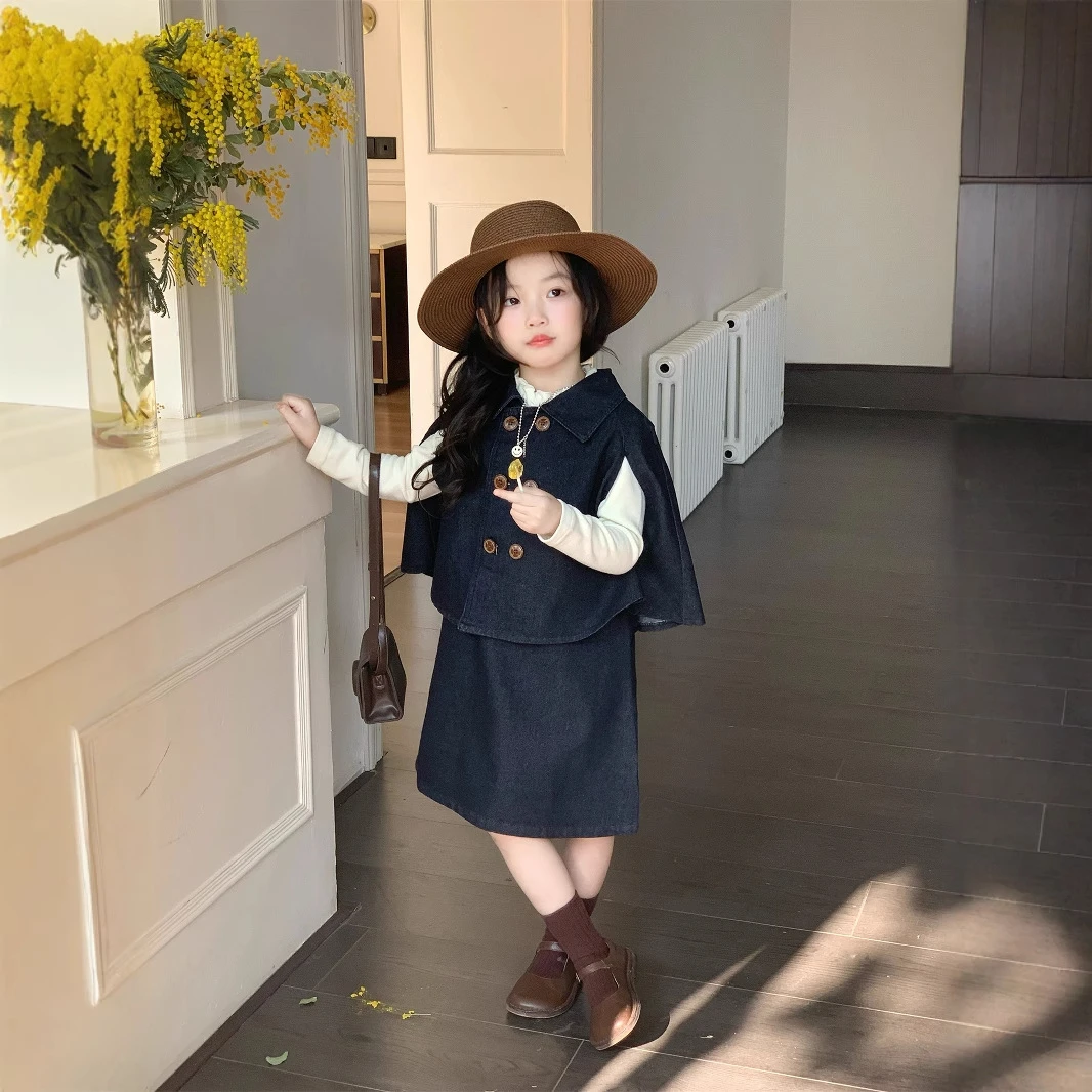 《小思家》女童2025春季新款韩版牛仔斗篷＋打底衫牛仔背心裙套装