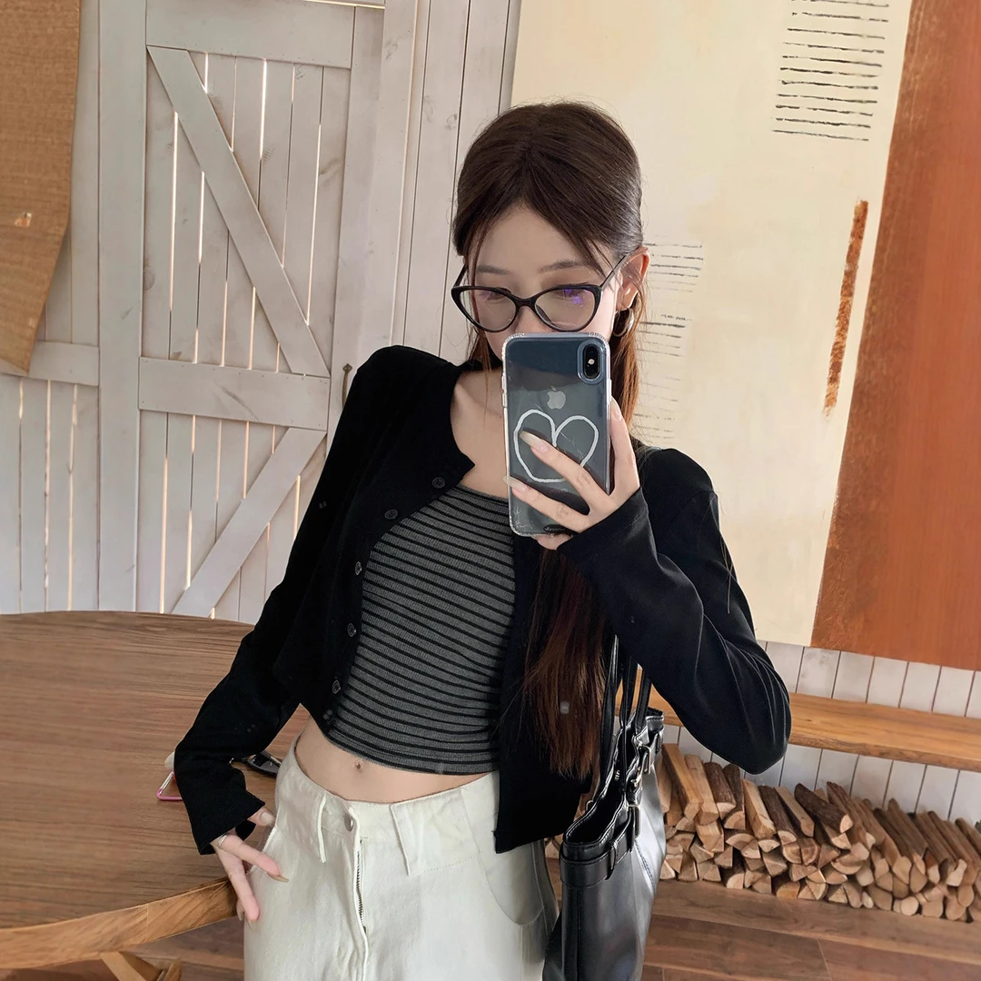 小众撞色条纹吊带背心辣妹套装女秋季气质长袖开衫短款外套两件套