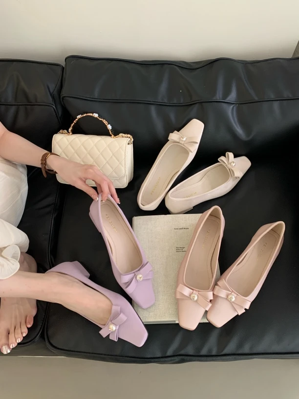 法式春季399-19单鞋温柔百搭夏季粗跟方头鞋子气质浅口仙女风跟鞋