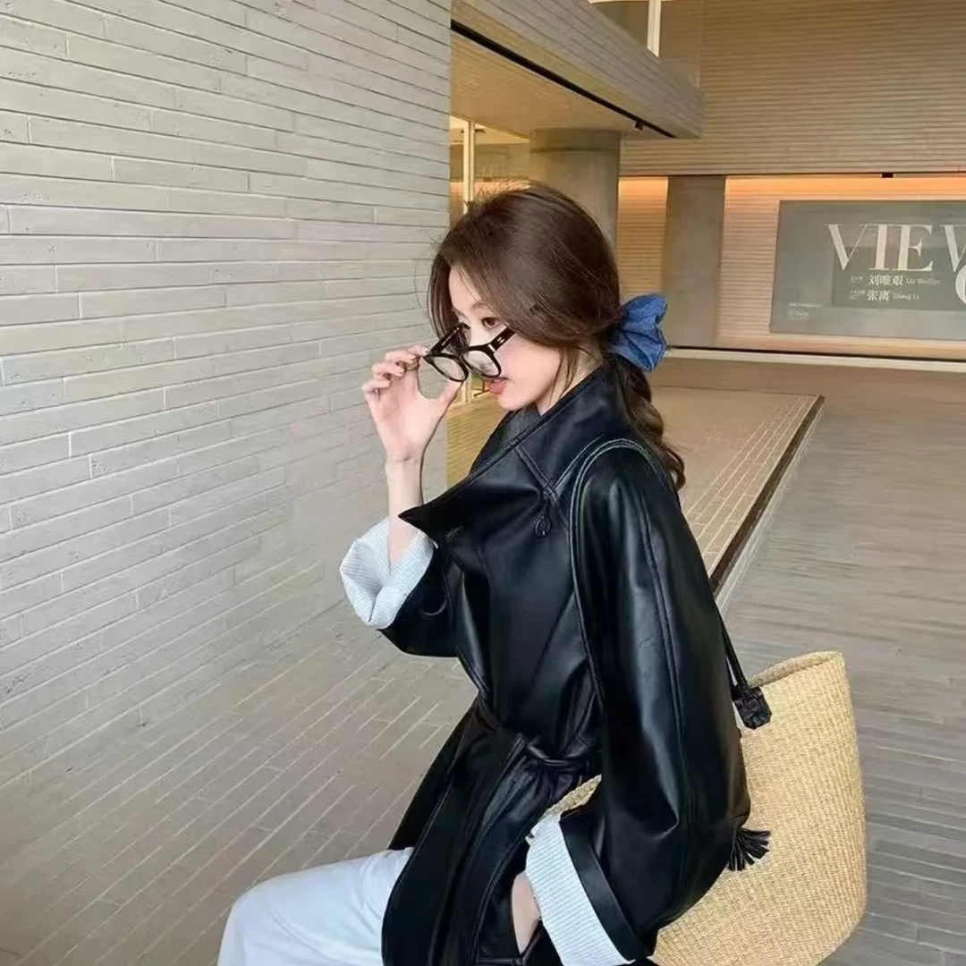 韩版长袖时尚2025秋季常规翻领系带皮衣8885