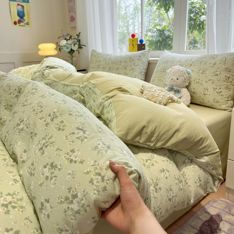 2025新款皱皱双层纱床单四件套被套床单卧室云感家用床上三件套