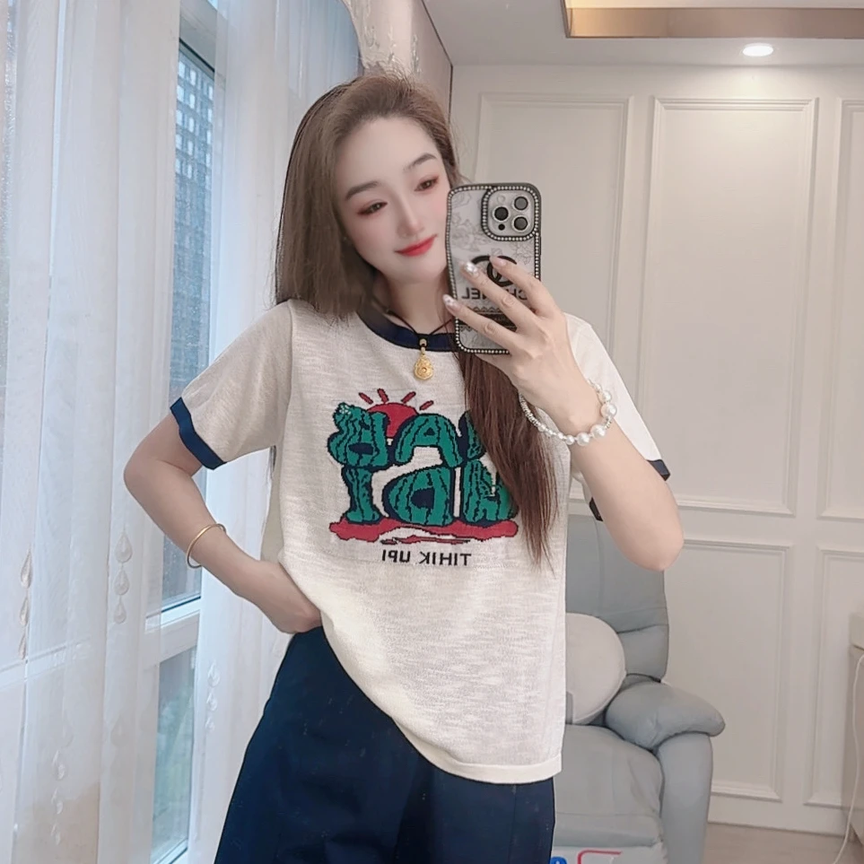 2578现货夏季针织衫套头短袖宽松女装卡通提花显瘦时尚百搭上衣