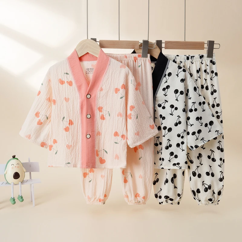 儿童睡衣夏季薄款家居服中大童女童开衫七分套装云朵棉空调服夏天