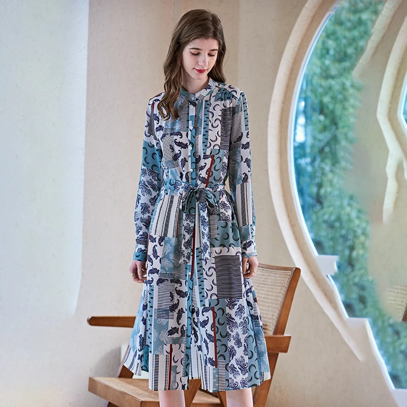 单排扣时尚印花系带桑蚕丝连衣裙D9008464