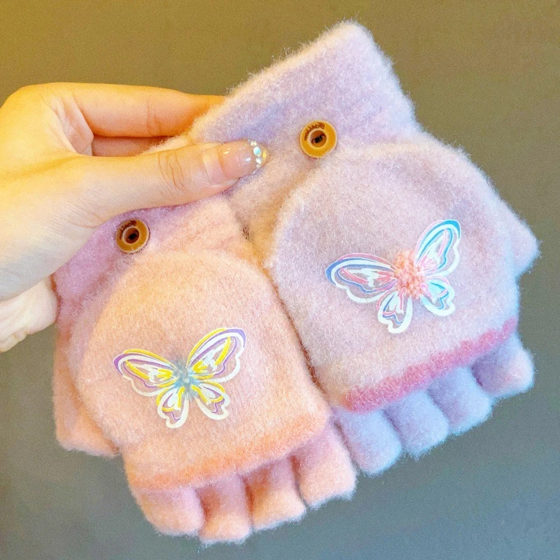 半指翻盖手套冬季女士可爱加绒防寒保暖毛线秋冬露指学生写字手套