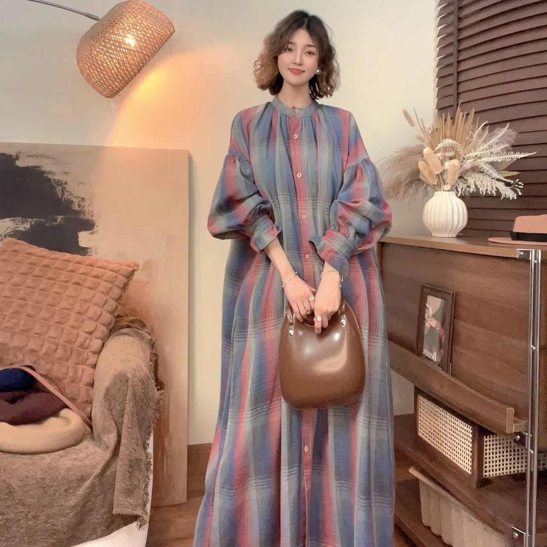【喜柚自制】夜东京 复古加厚毛呢格子秋冬温柔显瘦中长款连衣裙