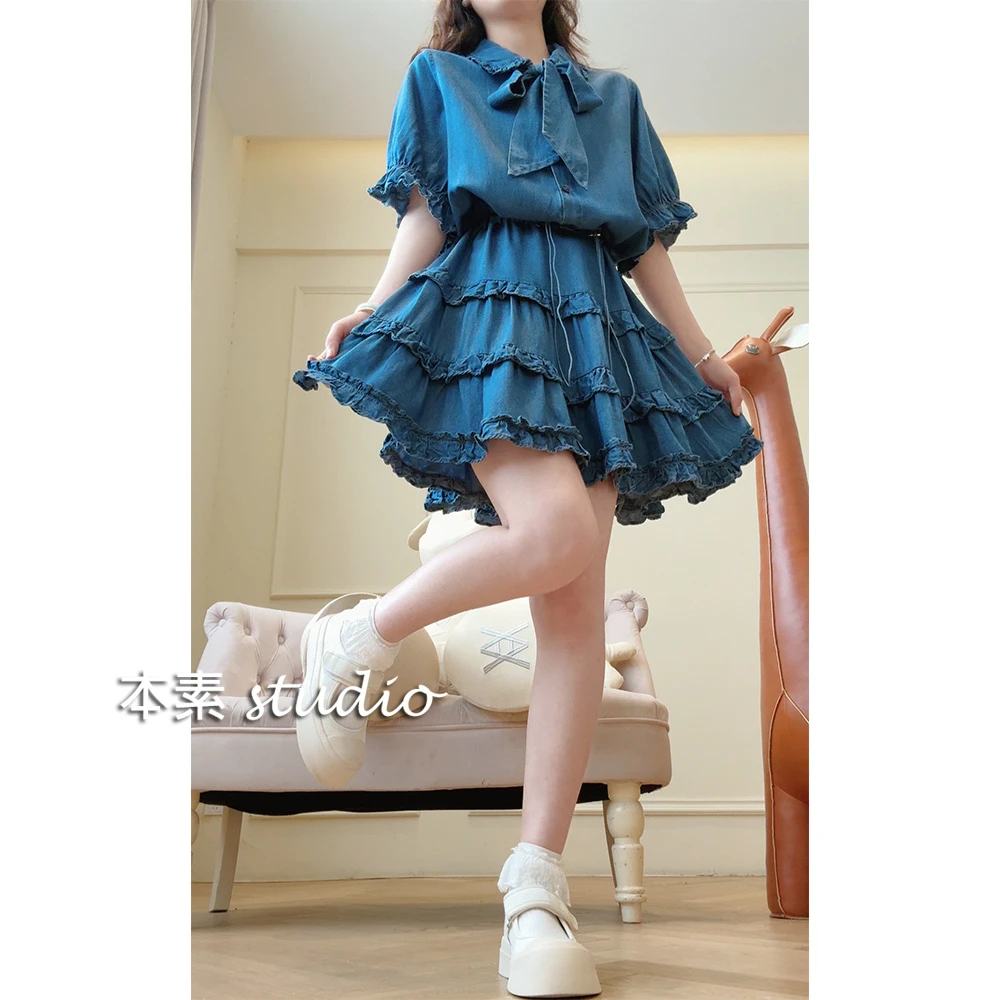 海岛之约C3757抽绳半开扣蝴蝶结系带木耳边翻领短袖牛仔连衣裙