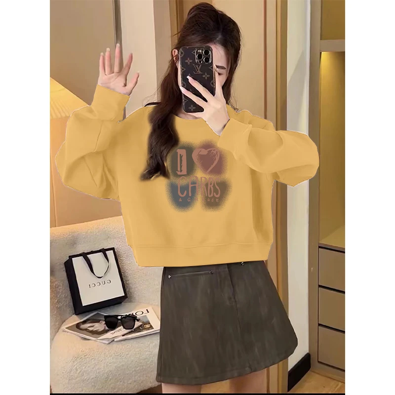 黄色短款卫衣女圆领2025新款爆款秋冬加绒加厚上衣春秋季薄款外套